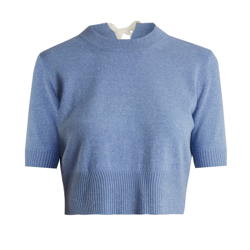 ALTUZARRA Tuileries Tie-Neck Cropped Sweater Wool Cashmere Blue Size Small